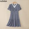 VONDA Women Stitching V Neck Short Sleeve Plaid Print Casual Pleated Dress