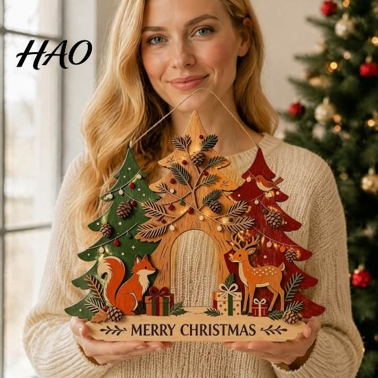 Indoor Outdoor Seasonal Ornaments Christmas Wooden Sign Hanging Ornament, Multi-Layer Tree Wood Plaque Signs with Rope, Merry Festive Door Wall Decor