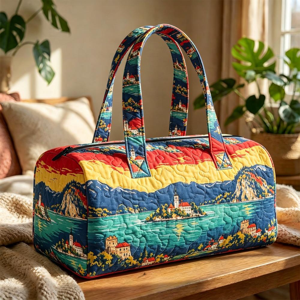 Quilted Travel Handbag Alpine Lake Scenery Weekend Bag Bohemian 3D Quilted Leisure Travel Fitness Bag Vibrant Sunset and Mountain Lake Town Graphic