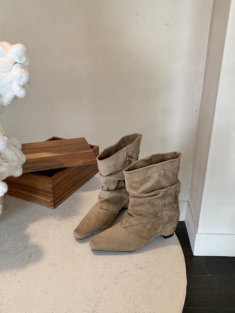 Autumn new inner height increase pile square head splicing tube boots suede short boots pleated women's boots
