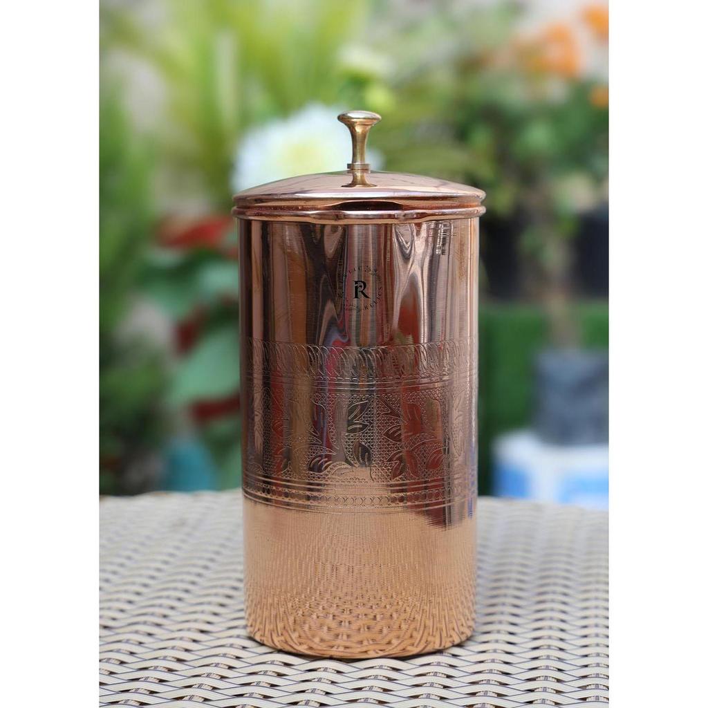 Pure Copper Jug - 1L Hand Made | with Beautiful Embosed Engraving | Copper Pitcher with Ayurvedic Health Benefits | Improved Water Taste