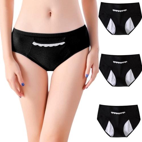 Milkbarn Women's Sanitary Panties, Period Briefs with Pockets, Winged Compatible, Breathable, Leak-Proof, Day/Night Use, Waterproof, Three-Piece Set (