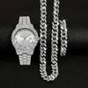 3pcs/set 15mm Necklace+Bracelet+Watch Cuban Chain Watch Hip Hop Miami Curb Iced Out Paved Rhinestone Rapper Cuban Men Jewelry