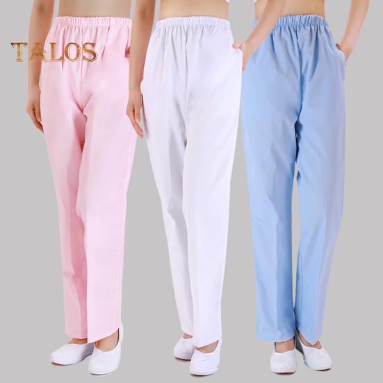 Летние брюки для медсестры со средней посадкой и эластичной резинкой на талии, широкие длинные брюки, однотонные женские рабочие брюки с карманами