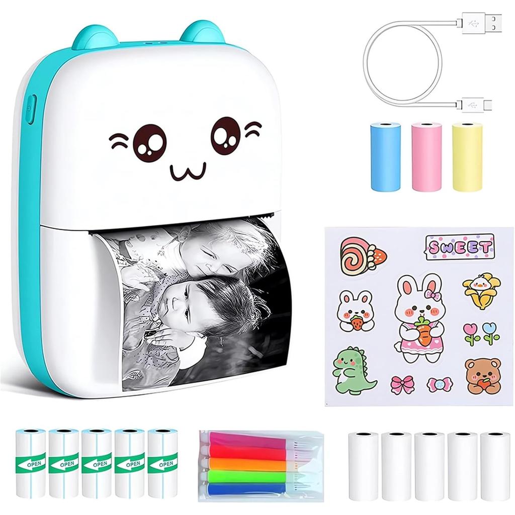Cute Cat Wireless Bluetooth Mini Thermal Printer, Portable Pocket Printer for Photos, Notes, Labels & Study Materials (1000mAh Rechargeable) (Blue)