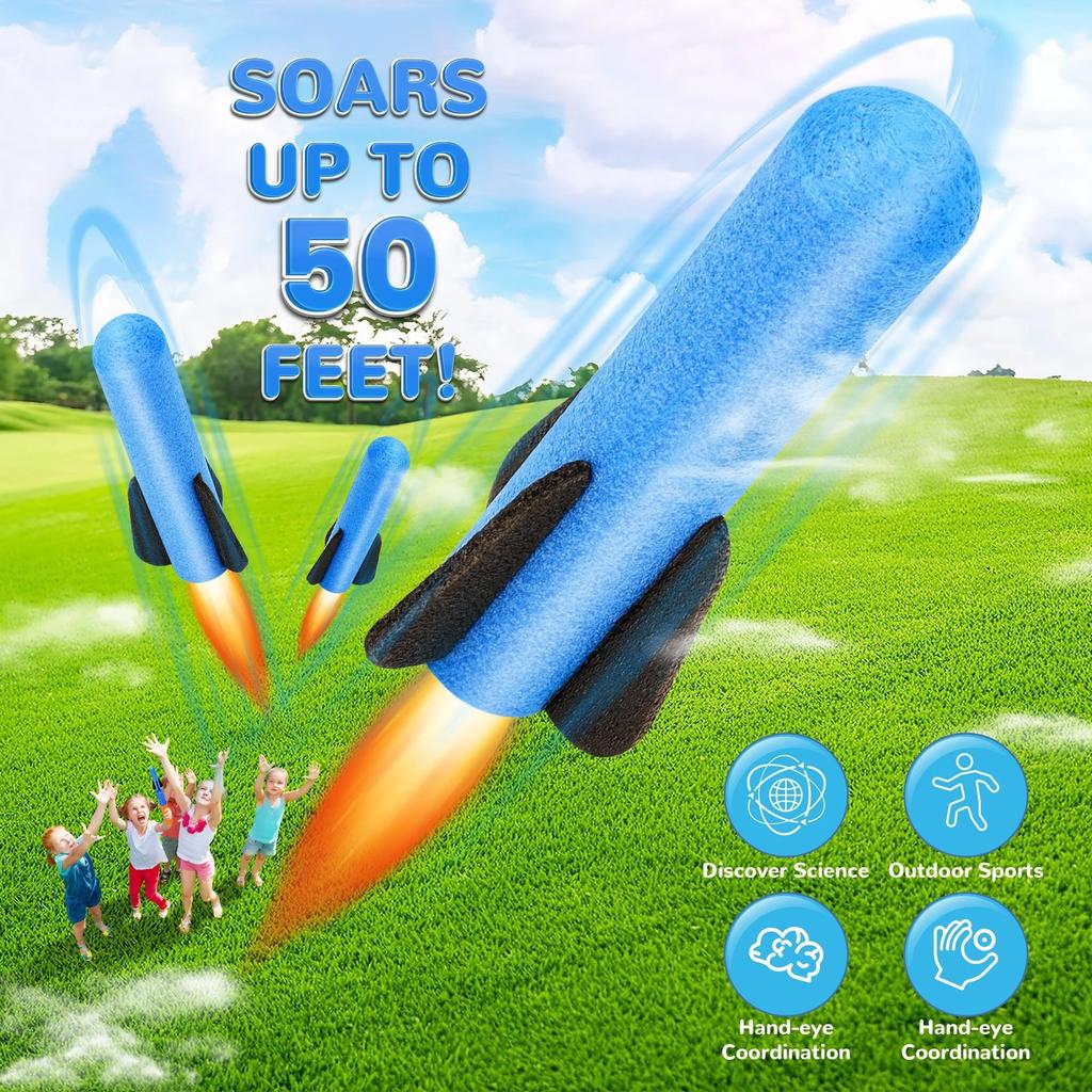 Foam Rocket Launcher Toy Set For Kids Outdoor Birthday Gifts – 3 Soft Rockets Per Launcher Shoots Up To 50 Feet