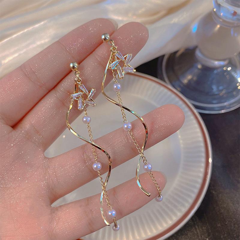 1Pair Long Earrings Temperament Star Imitation Pearl Long Tassel Drop Earrings For Women Wedding Jewelry Gift
