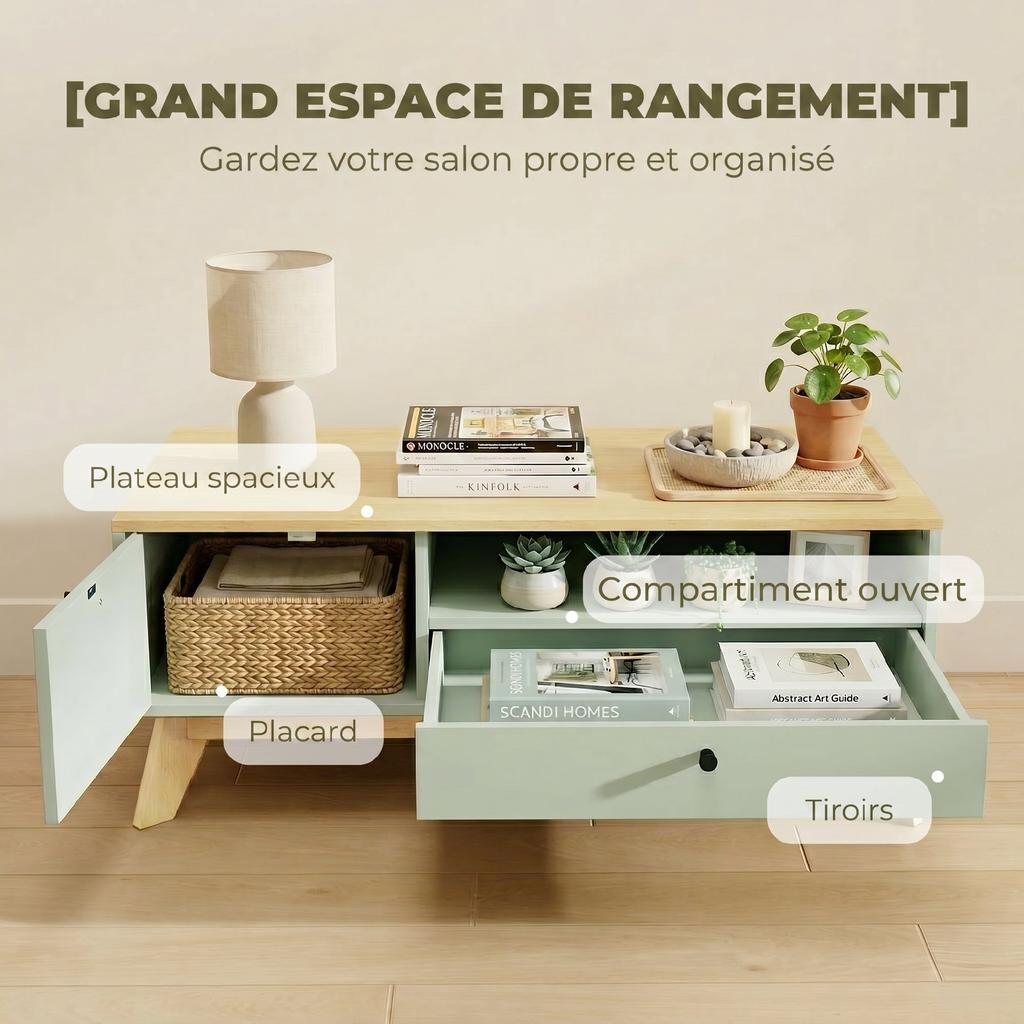 Living Room Coffee Table, Rectangular Side Table with Drawer, Door and Open Compartment, Light Green and Oak