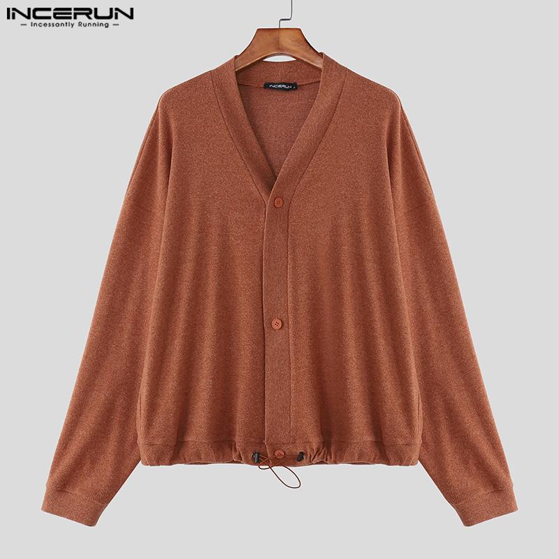 INCERUN Oversized Men V Neck Long Sleeve Buttons Up Drawstring Knit Cardigan Tops