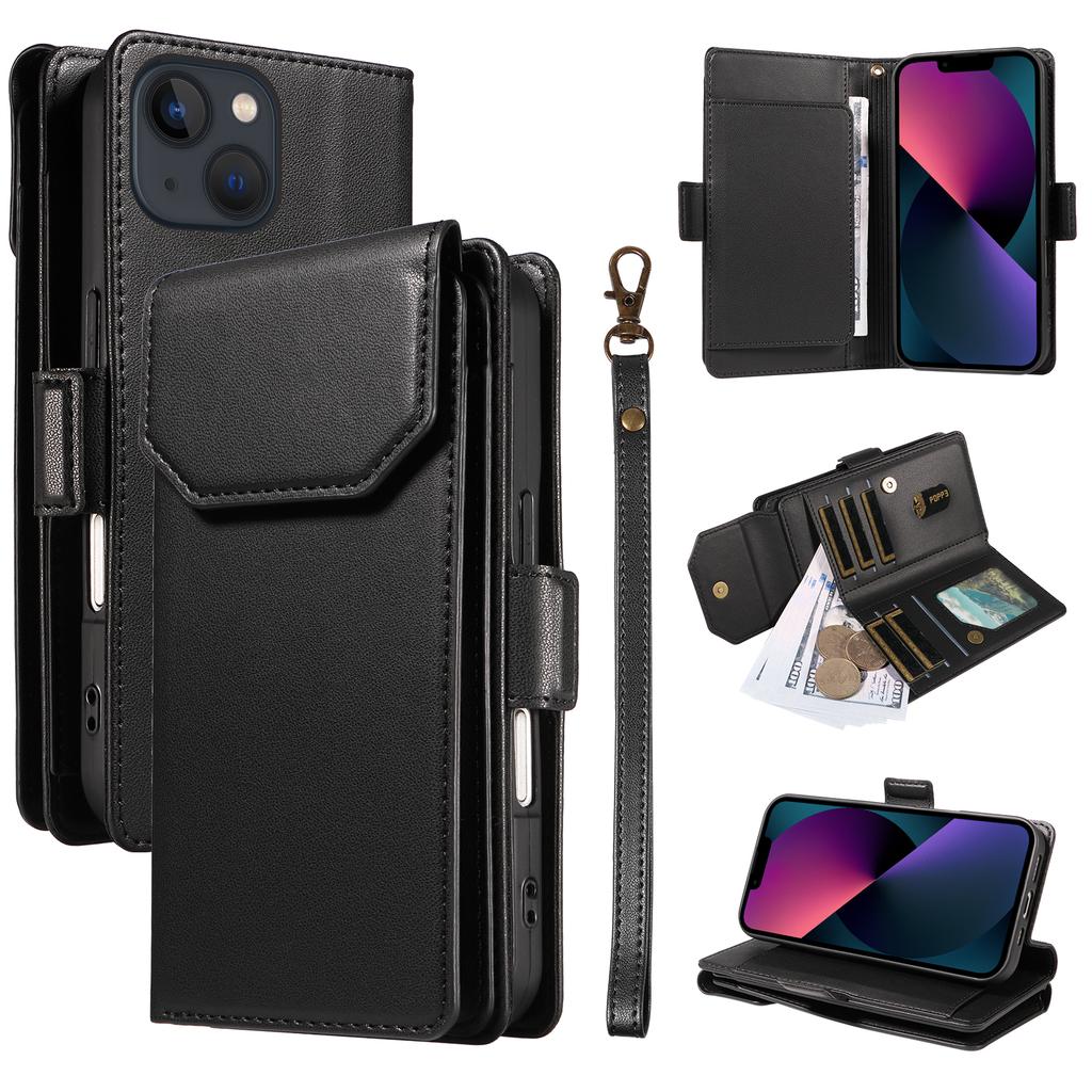 For iPhone 14 Plus Case with Multi-Card Holder and Strap PU Leather Phone Cover Stand