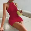 Ladies Elegant Solid Color Halter Backless Sexy Party   Pencil Dress