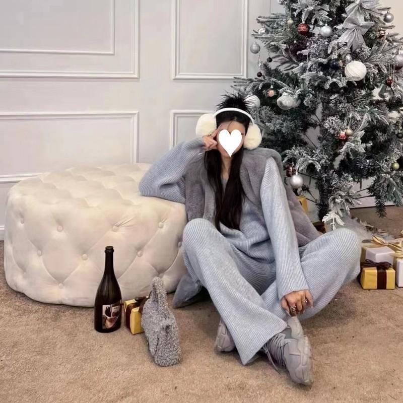 Женский облегающий вязаный костюм с напуском на весну и осень, свободный свитер с v-образным вырезом + широкие брюки с высокой талией, комплект из двух предметов