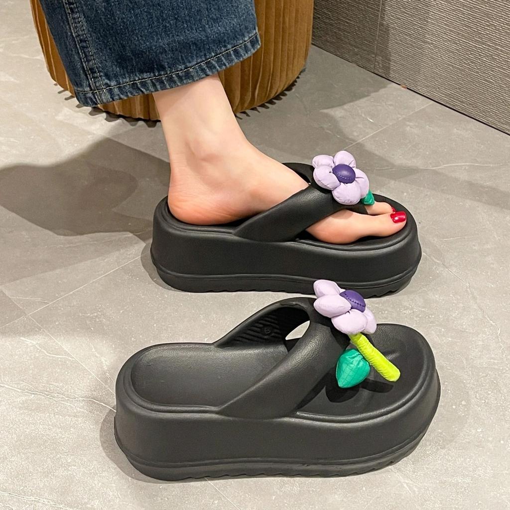 Fashion Cute Flowers Soft Beach Slippers Female 2024 Thick Bottom Home Outside Wear Flip-flops Non-slip Comfort Summer Zapatos Mujer