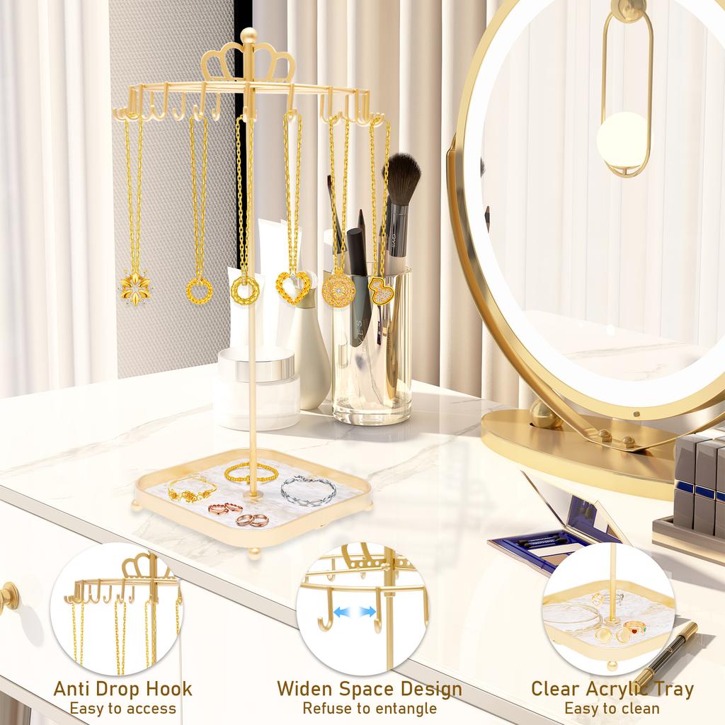 Rotating Necklace Holder Stand 360° Rotation Iron Necklace Organizer Stand with Acrylic Tray and 18 Hooks Jewelry Display Stand