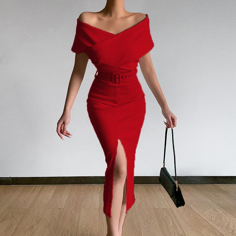 Elegant Temperament Commute Simple Light Cooked Off-the-shoulder Belt Slit Dress Dress