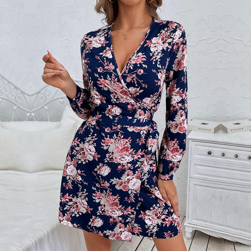 YYFS Женская мода лето весна цветочный принт с длинным рукавом V-образным вырезом с высокой талией повседневные платья
