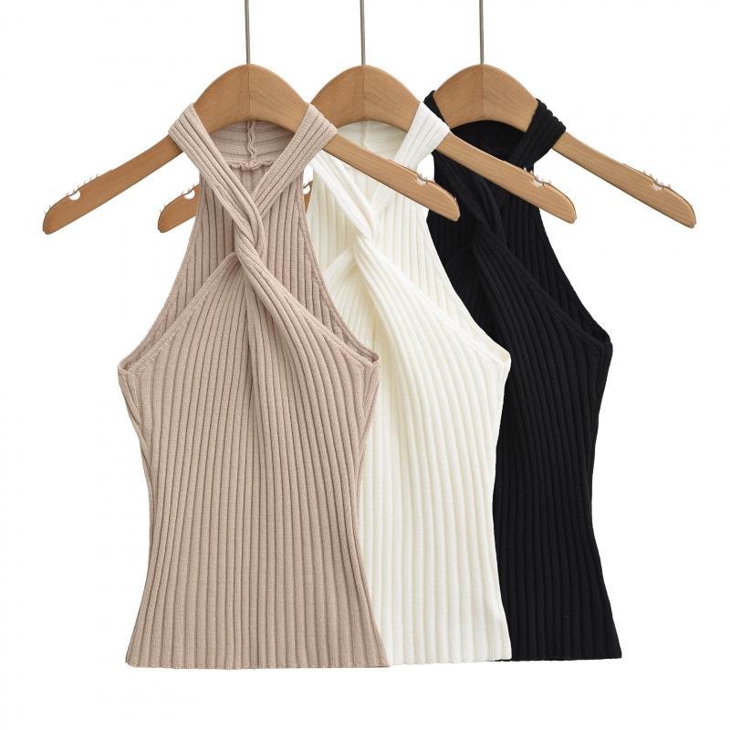 Elastic Knit Halter Neck Slim-Fit Tank Top for Women, 2026 Summer New Style, V-Neck with Front Twist and Backless Design