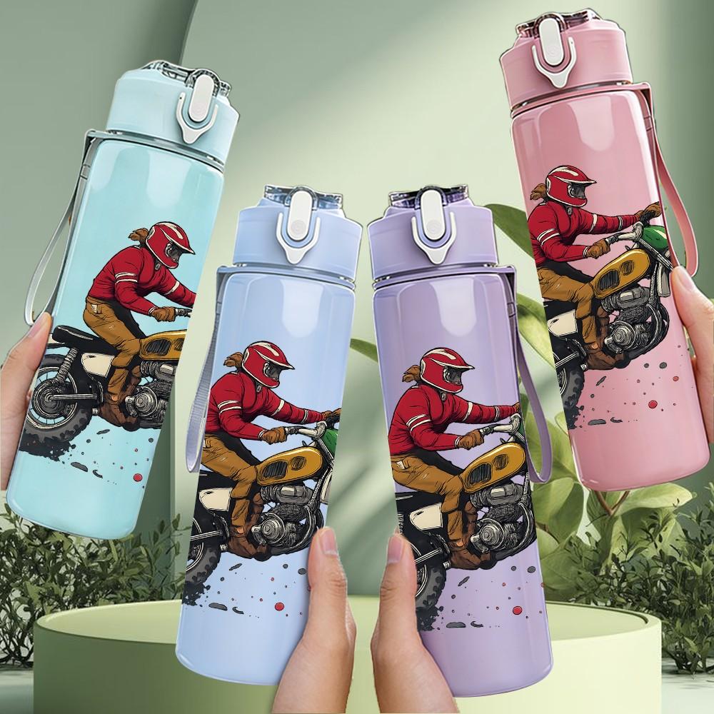 1PC Biker Rider Motorbike Pattern 750ml Color Plastic Sports Water Bottle Leakproof Flip Straw Lid Suitable for Sports Office Home Use