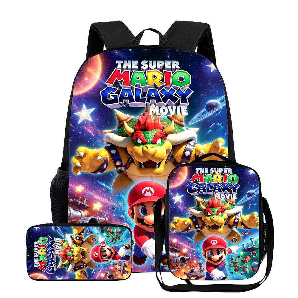 New Mario cartoon backpack, three-piece set for primary and secondary school students, school bag, backpack, shoulder bag, pencil case.
