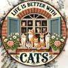 Vintage "Life Is Better with Cats"  Round Sign, Classic Cat Themed Wall Decor,  No Power Needed, Animal Theme Decorative
