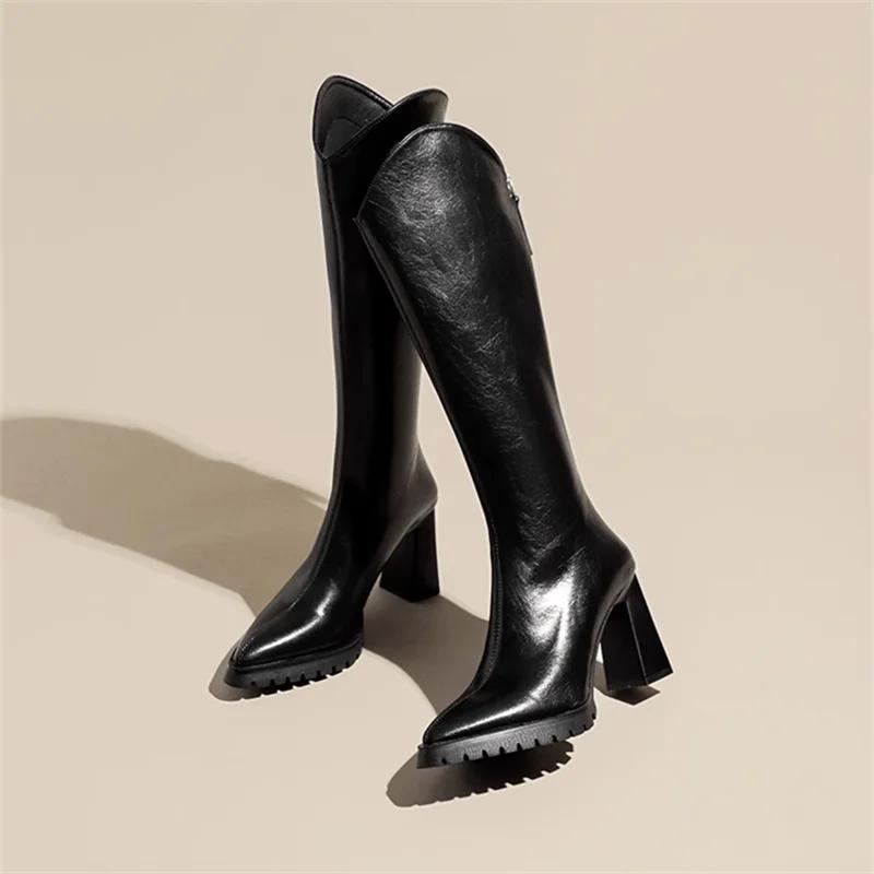 Fashion Elegant Heeled Women's Long Boots High Heels Leather Brown Ladies Knee Shaft Shoes Pointed Toe Waterproof Y2k Chic New Rock Work