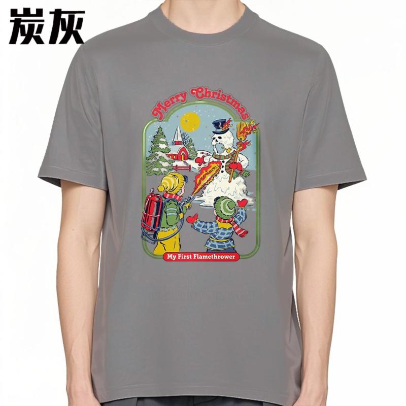 men brand tshirt Graphic summer For him tshirt Snowman With Flamethrower Christmas Scene Short Sleeve Travel ONeck Teeshirt