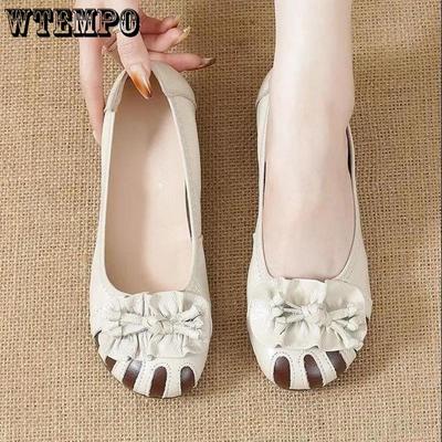 Туфли из натуральной кожи с мягкой подошвой. Женская обувь среднего возраста. Весенне-осенние женские туфли с противоскользящей подошвой и круглой головкой, с плоской подошвой и неглубоким ртом.