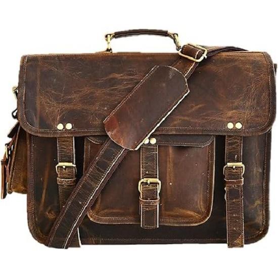 New 16 Inch Leather Messenger Bag for Men Handmade Vintage Laptop Computer Shoulder Brown Office Briefcase