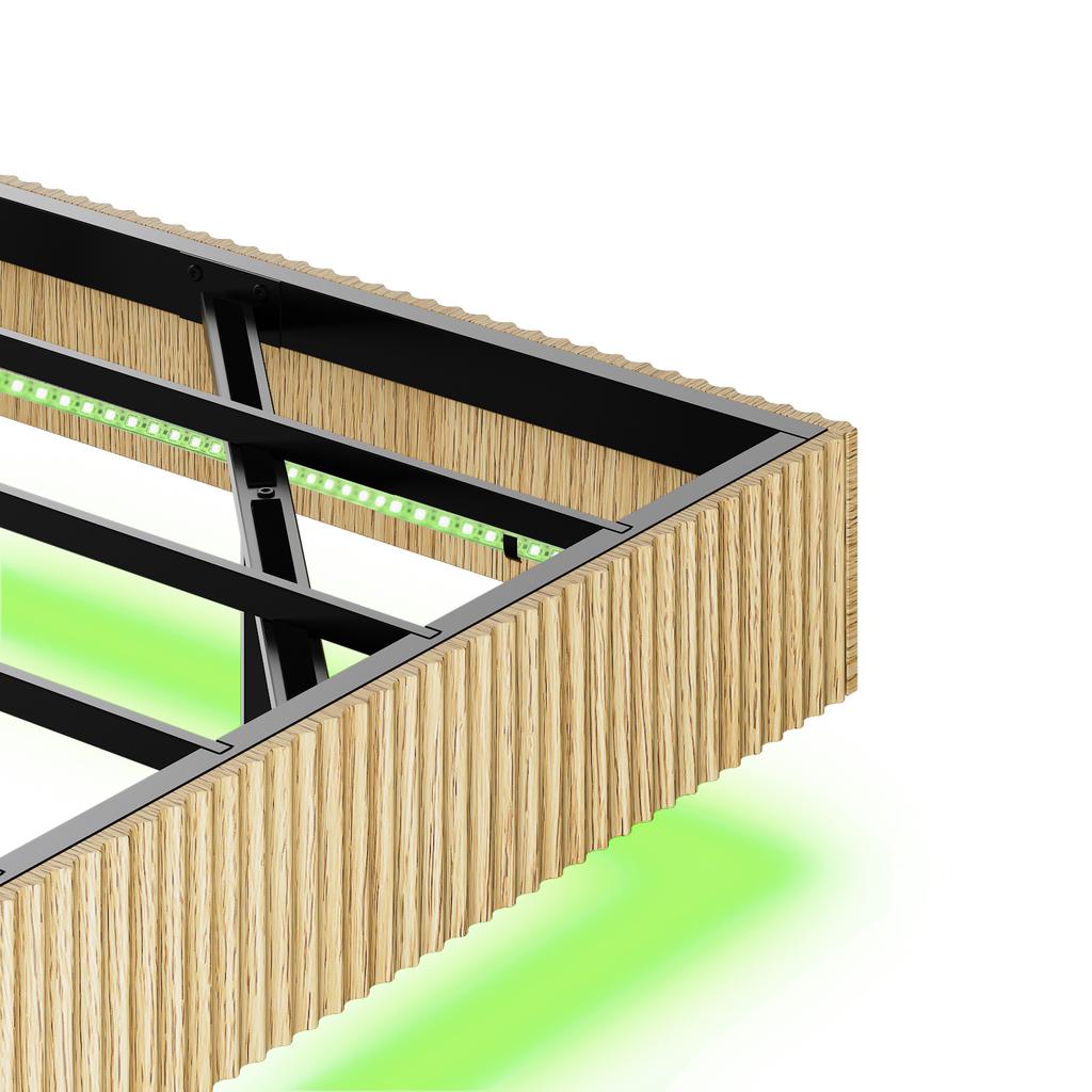 Modern Bed with Floating Design and Grooved Panelling, Equipped with Mood LED Lights and Reinforced Flat Iron Bed Frame-140 x 200 cm – Light Oak
