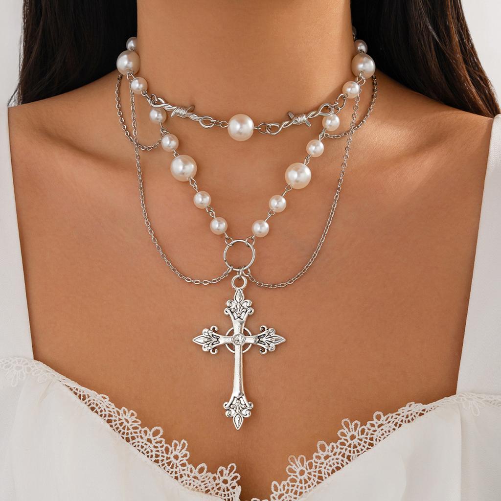 Cyberpunk Cross Pendant Necklace Female, Personalized Metal Rivet Imitation Pearl Clavicle Necklace