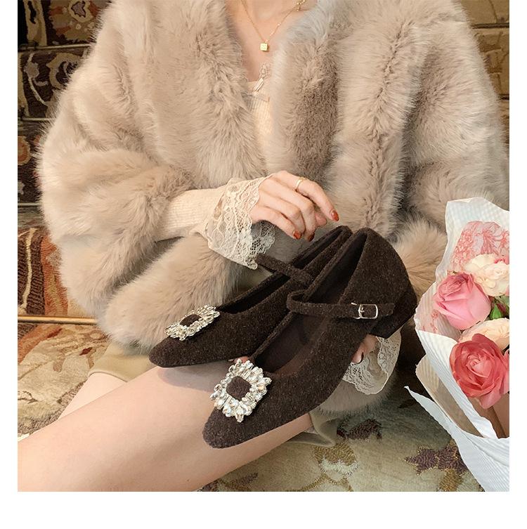 Wool Version~ Diamond Buckle Small Square Head with Woolen Thick Heel Mary Jane Single Shoes Women's Leather Small Heels Ladyshoes