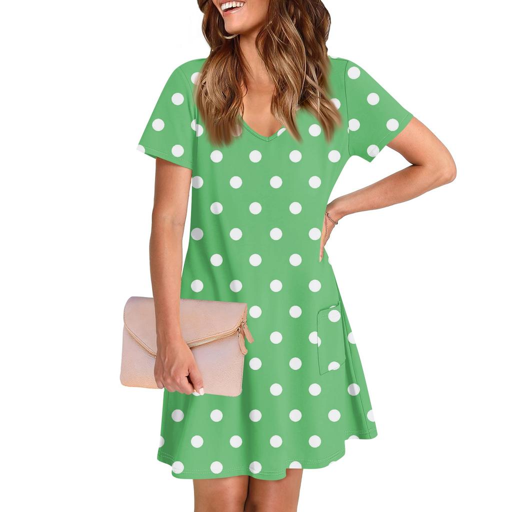 Женское повседневное и модное платье средней длины с V-образным вырезом и коротким рукавом с принтом