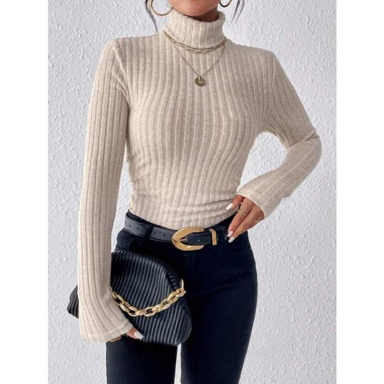 Элегантный облегающий свитер с высоким воротником для женщин, с длинным рукавом, однотонный, одежда на осень-зиму