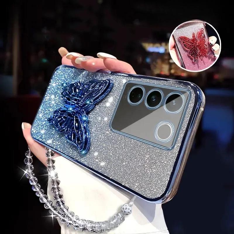 3D Butterfly Phone Holder Crystal Bracelet Glitter Plating Case for Samsung Galaxy A14 A24 A34 A54 A15 A25 A35 A55 4G 5G Cover