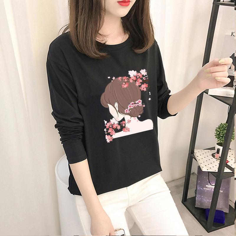 Осень 2023 г. Корейские топы с рисунком - женские футболки с длинными рукавами в однотонных цветах