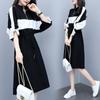 Fashion Contrasting Colors Spliced Casual Women's Korean Zipper Loose Drawstring Waist Midi Dresses