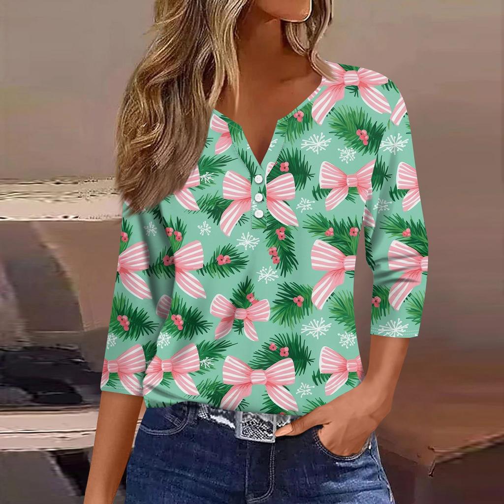 Жен. Футболка Футболка С принтом Пуговицы Рукав 3/4 Повседневные Выходные Мода Классический V-образный вырез Обычный Топ