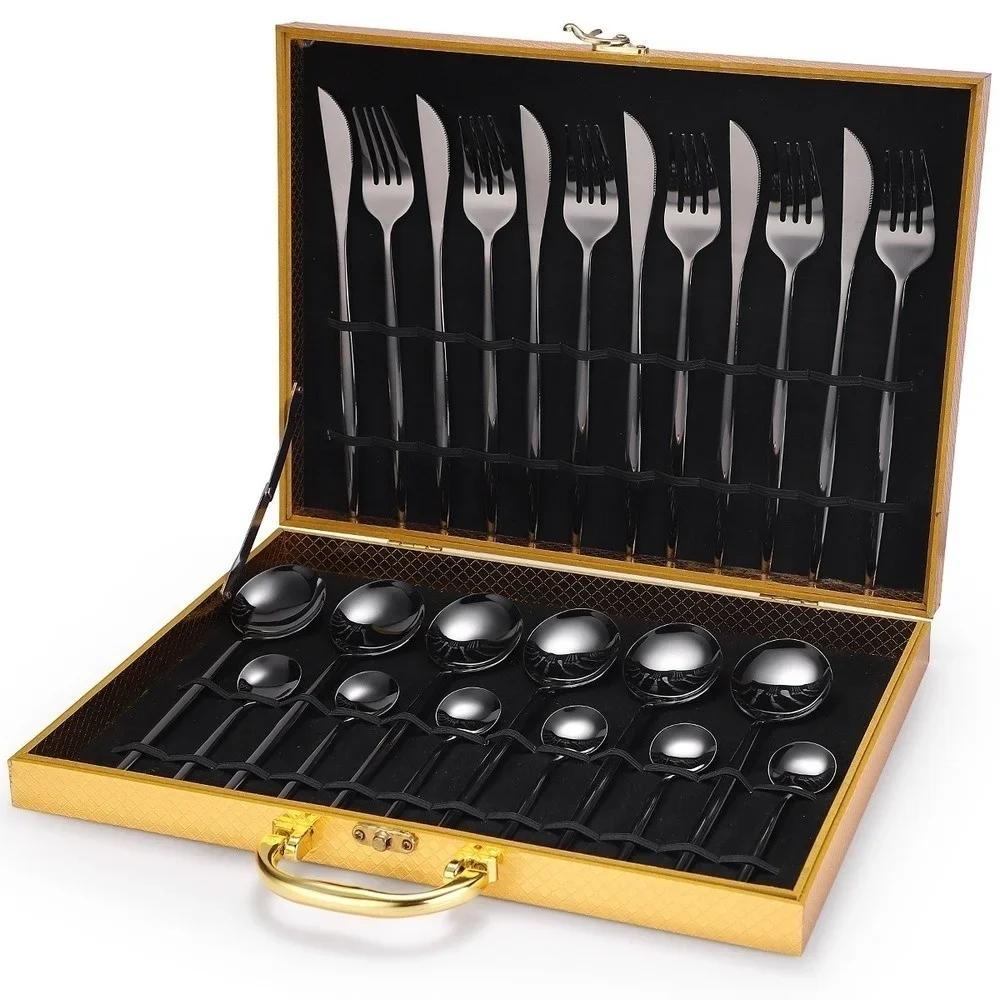 24pcs Dinnerware Set Stainless Steel Tableware Set Luxury Fork Spoon Knife Gold Silver Cutlery Gift Box Kitchen Accessories