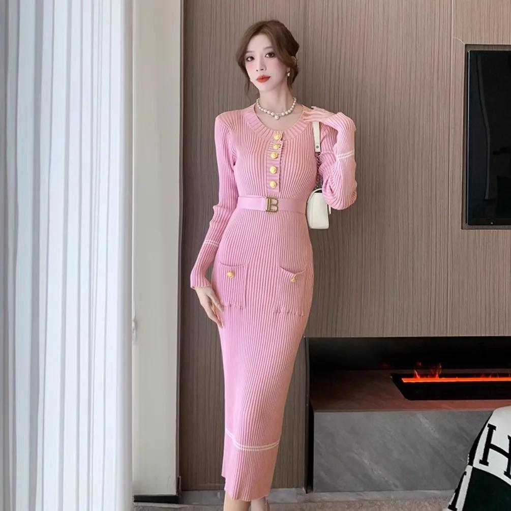 Осень-зима женское трикотажное платье модное платье-свитер с круглым вырезом на пуговицах и поясом женское офисное платье