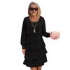 Women Dress Solid Color Multi Layered Cake Dress Round Neck Long Sleeve Mini Dress Vacation Club Wear