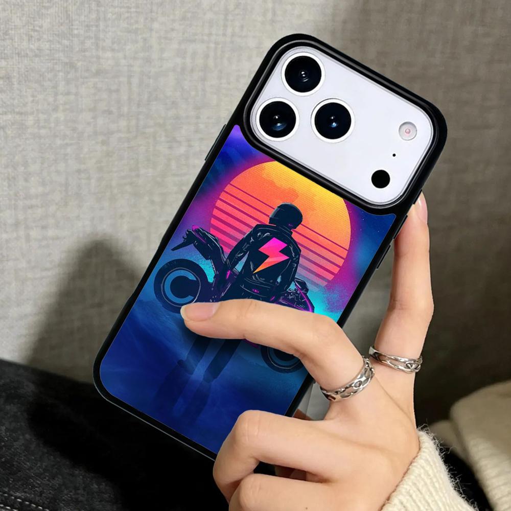 Чехол Case для iPhone 17 Air 16 Pro Max 15 Plus 11 13 Mini 14 12 Задняя крышка телефона Неоновый Мотоциклист