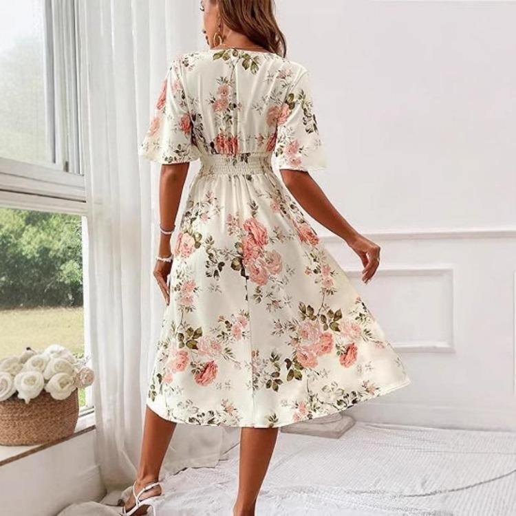 Цветочное платье-фея Элегантное V-образный вырез Короткий рукав Длинная юбка Пояс-кулиска Большой размер Летний отдых на море Темперамент