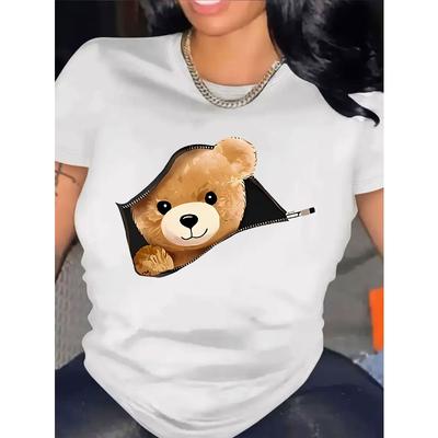 Женская милая футболка с принтом мультяшного мишки, европейский размер - Короткий рукав, круглый вырез, повседневный топ с игривым дизайном, дышащая для весны и лета