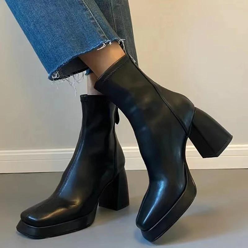 Vintage Square Toe Women Ankle Boots Fashion Back Zippers Short Booties Autumn Winter Laides Concise Largas Booties