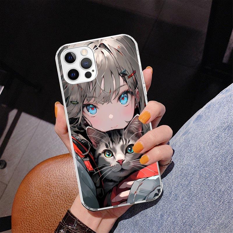 Милый черный кот Аниме Девушки Чехол для телефона Для iPhone 17 Air 16 Pro Max 16E 15 + 14 Plus 11 12 13 Mini 7 8 SE Подарок Печатная Крышка Fundas