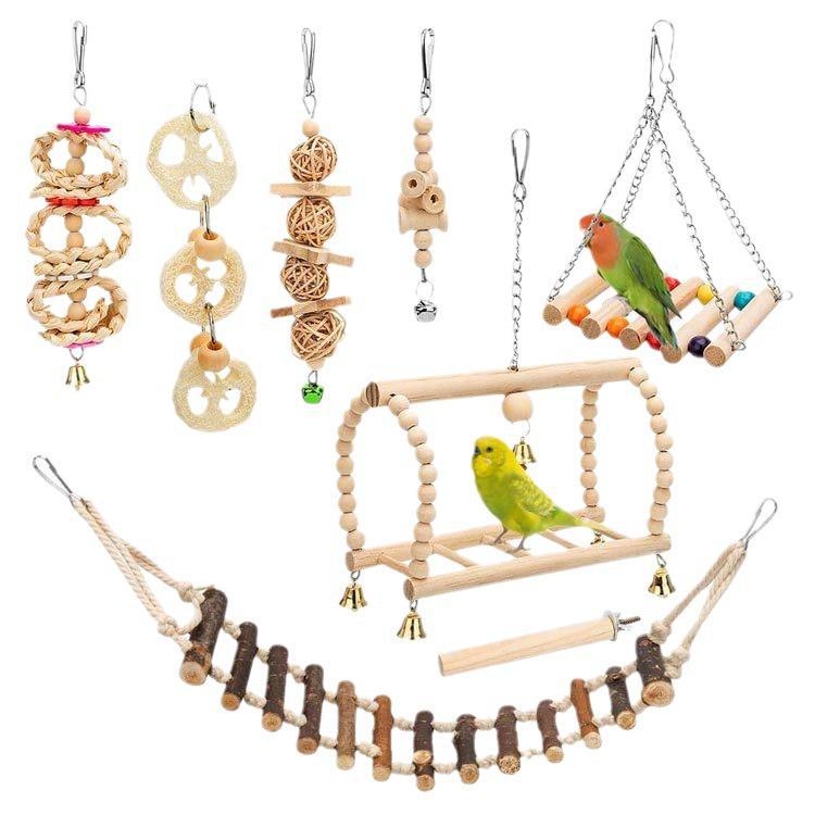 Bird Toy Set: 8-Piece Swing, Chew, and Puzzle Kit for Small To Medium Birds - Relieve Boredom with Logs and Stairs