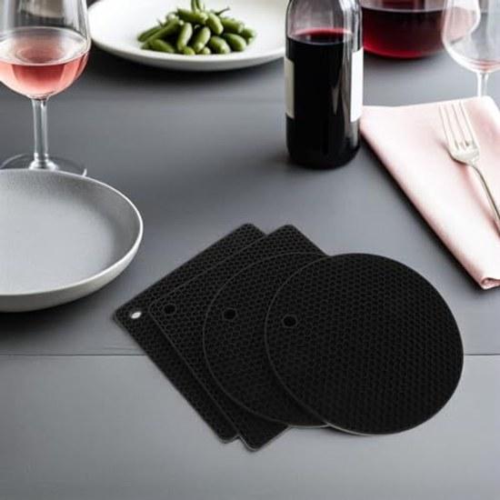 No-brand silicone pot mat set 6 black heat conduction prevention non-slip honeycomb structure countertop protection round 18cm x 3 pieces + square