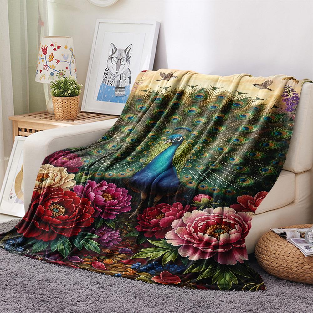 1PC Peacock and Peony Print FlAannel Blanket, High quality Comfortable for All Seasons, Home Decor, Warmth and Comfort