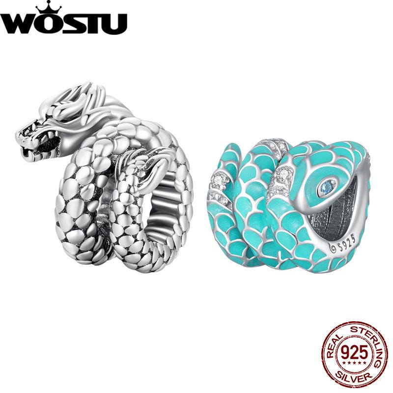 WOSTU 925 Sterling Silver Blue Snake Vintage Dragon Charm Bead Pendant Fit Original Bracelet Necklace For Women Jewelry CTC576