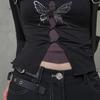 2KWEIRD Gothic Butterfly Print T-shirt Grunge Fairycore Hollow Out Crop Tops Japanese Harajuku Slim Tshirt Y2k Aesthetics Dark